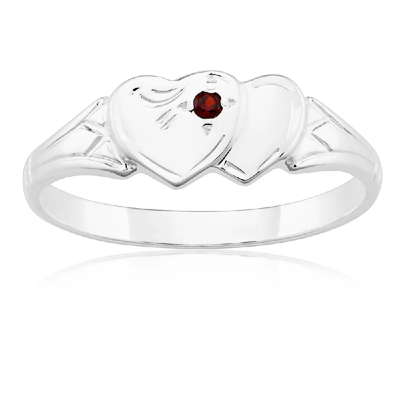 Sterling Silver Garnet 2Heart Signet Ring Size L