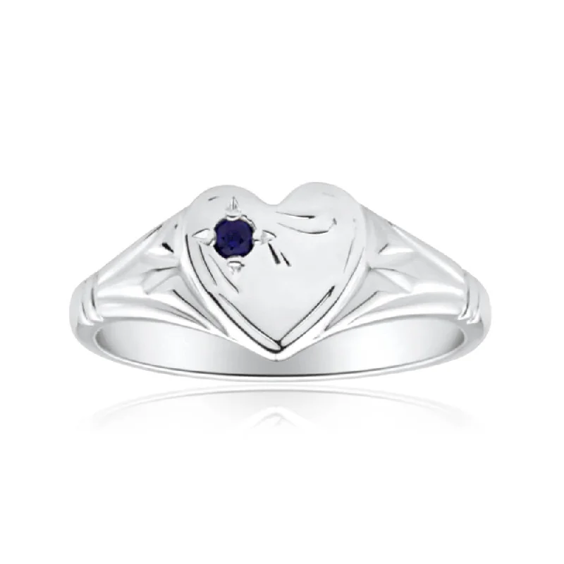 Sterling Silver Natural Sapphire Signet Heart Ring Size H