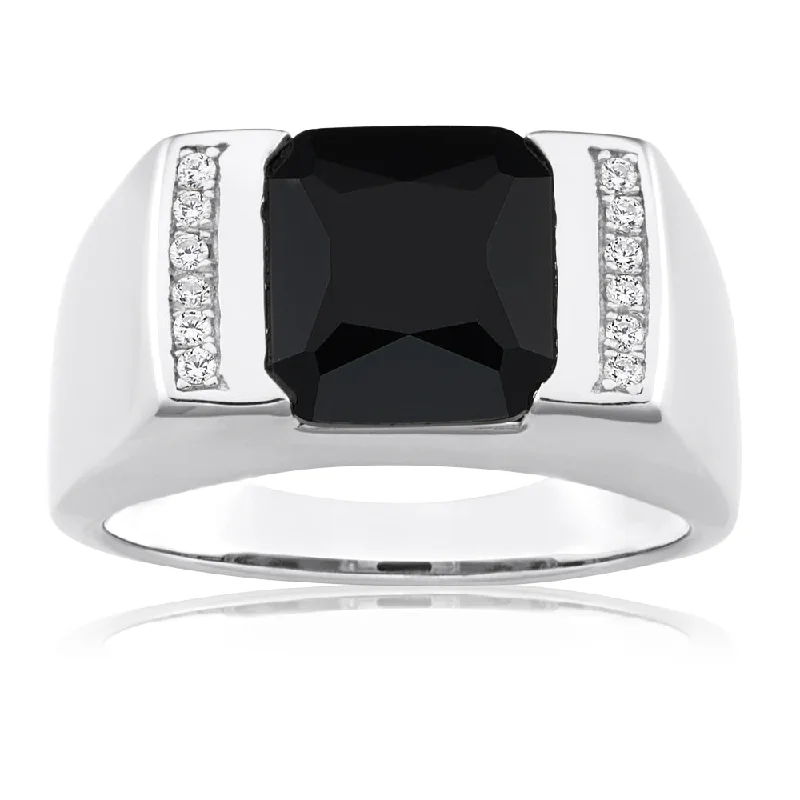 Sterling Silver Onyx and Zirconia Flat Top Gents Ring