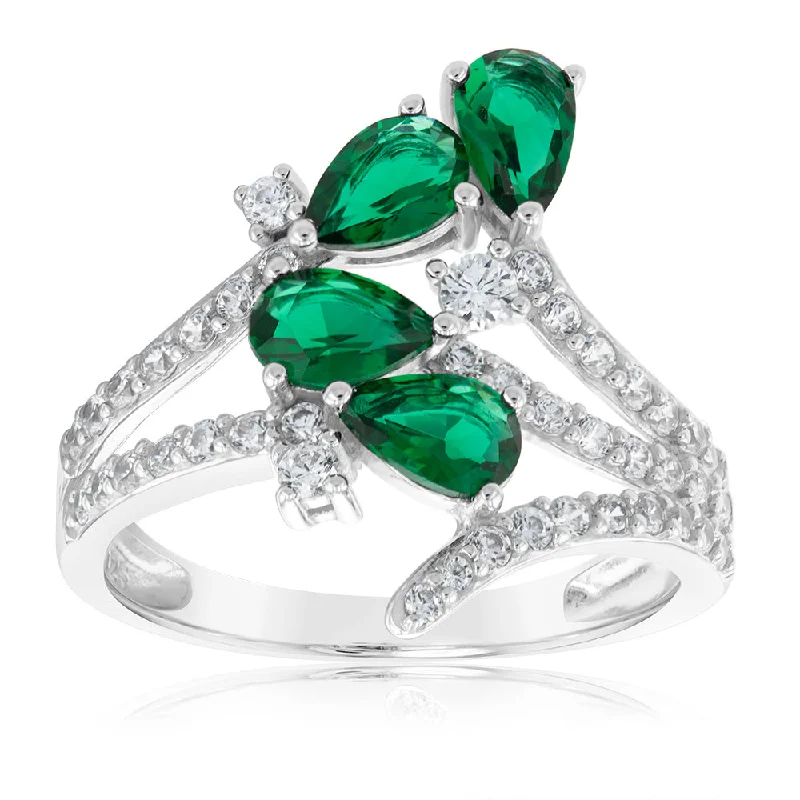 Sterling Silver Rhodium Plated Created Emerald And White Cubic Zirconia Ring