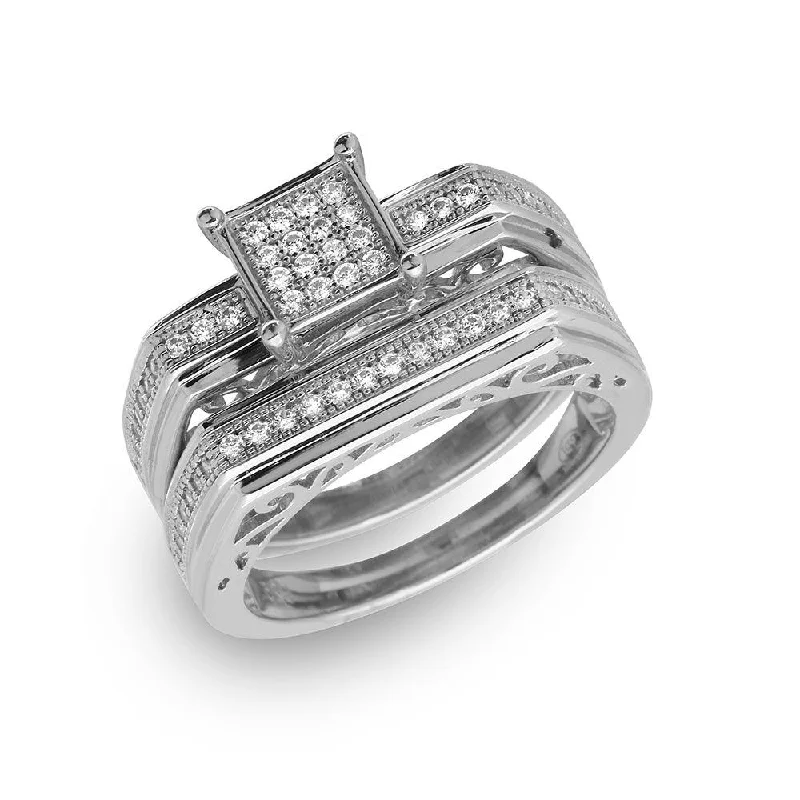 Silver 925 Rhodium Plated Two Piece Clear CZ Square Bar Accent Ring - GMR00152