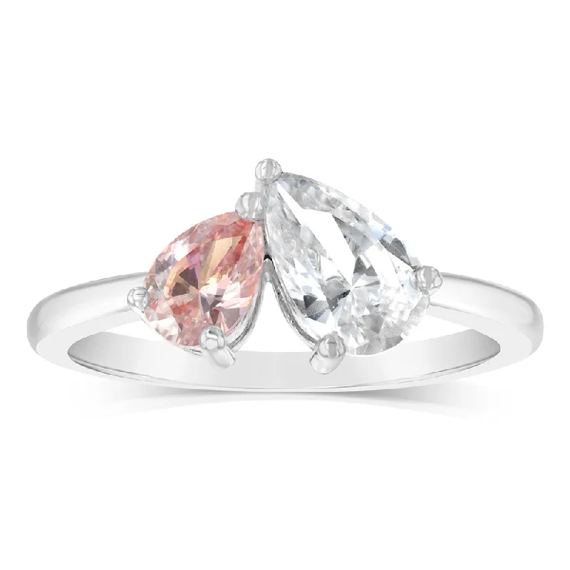 Sterling Silver Rhodium Plated White And Morganite Pear Fancy Ring