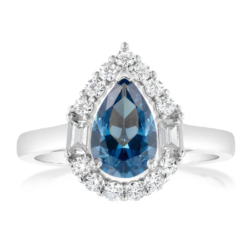 Sterling Silver Rhodium Plated White And Sapphire Cubic Zirconia Pear Shaped Ring