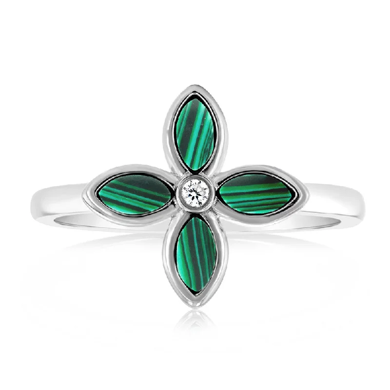 Sterling Silver Rose Rhodium Plated Created Malachite Four Petal Ring