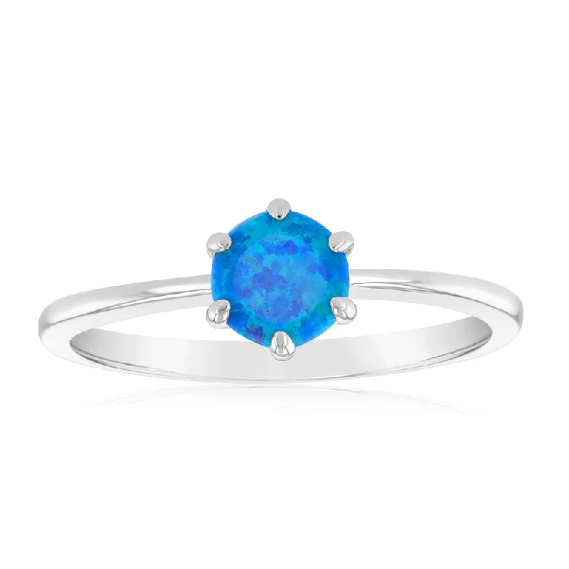 Sterling Silver Round Created Opal 6 Claw Ring