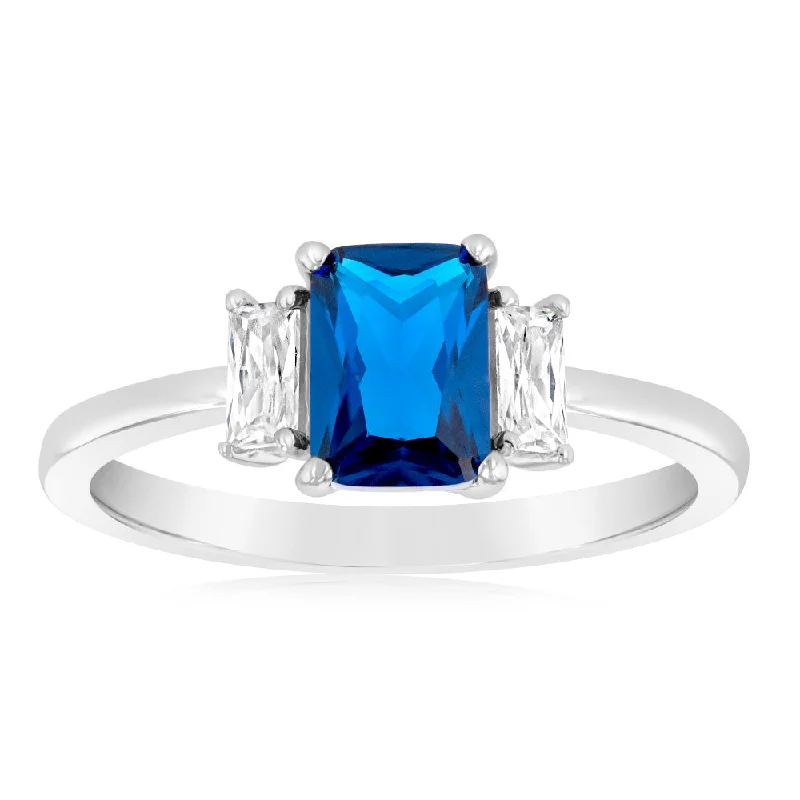 Sterling Silver White And Sapphire Blue Zirconia Fancy Ring