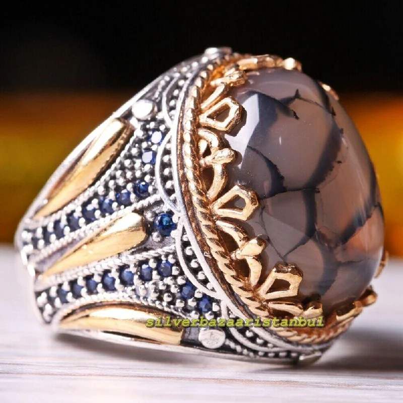 Striped Yemen Agate Aqeeq Stone 925 Sterling Silver Mens Ring