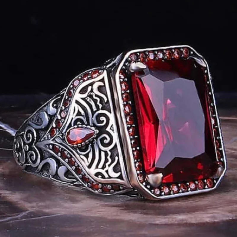 Stylish Red Ruby Stone 925 Sterling Silver Handmade Mens Ring