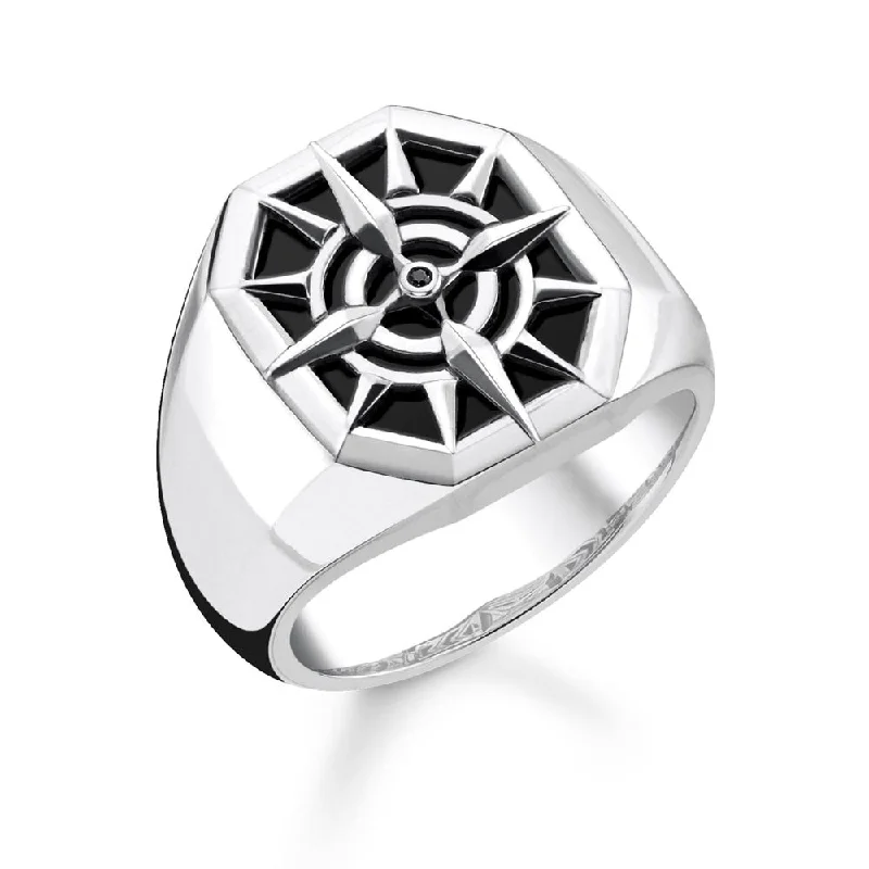 Thomas Sabo Sterling Silver Black Onyx Compass Signet Ring