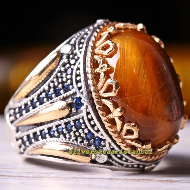 Tigers Eye and Sapphire Handmade 925 Sterling Silver Mens Ring