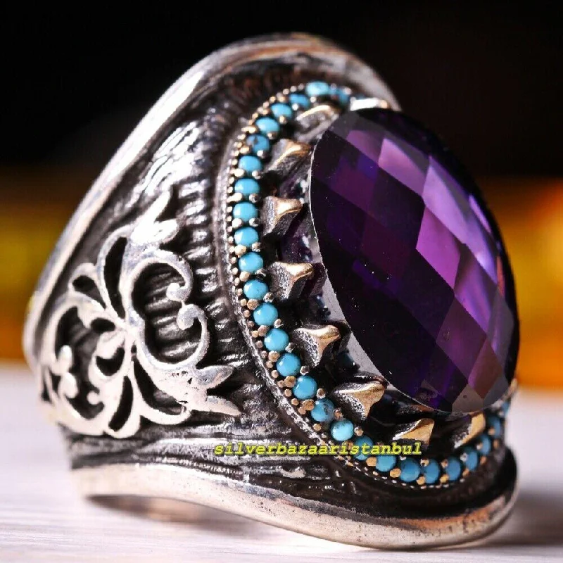 Turkish 925 Sterling Silver Amethyst and Turquoise Stone Mens Ring