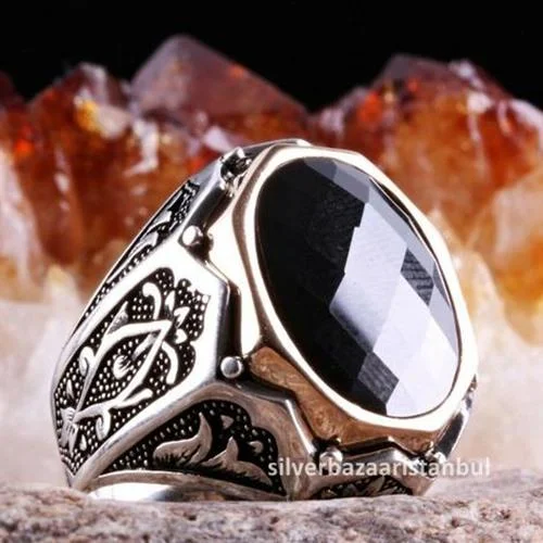 Turkish 925 Sterling Silver Heavy Black Onyx Stone Mens Ring