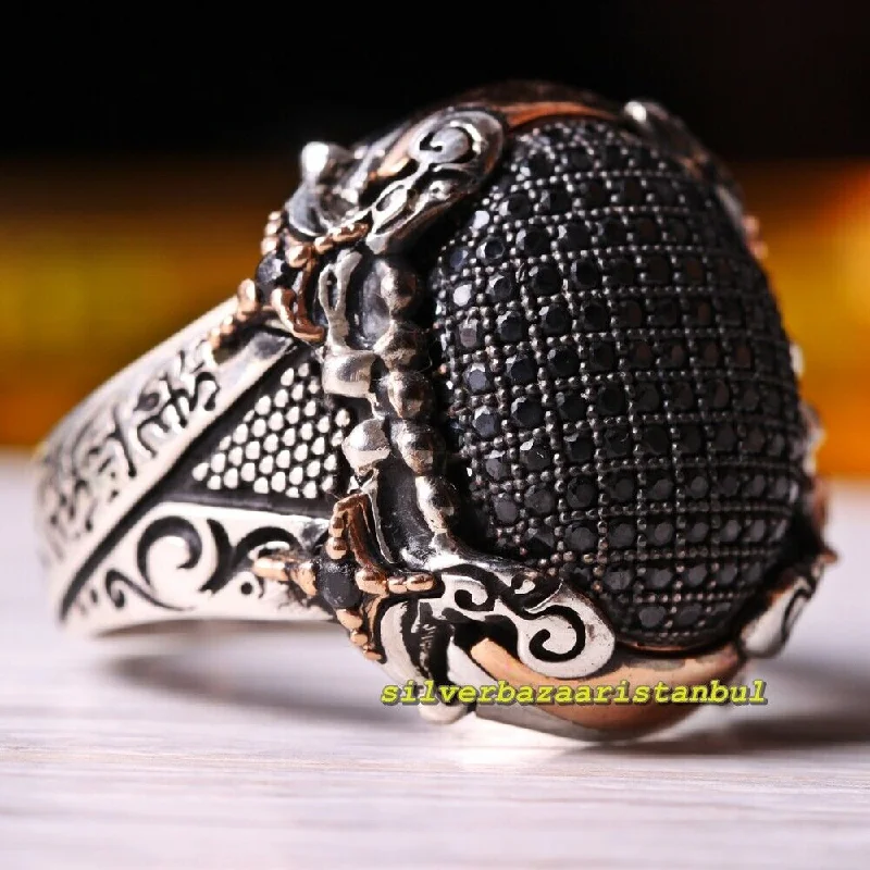 Turkish 925 Sterling Silver Islamic Natural Onyx Stone Mens Ring