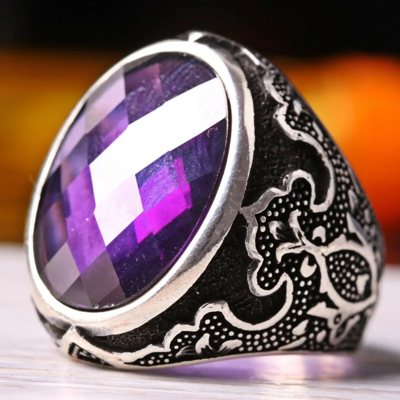 Turkish 925 Sterling Silver Purple Faceted Amethyst Stone Mens Ring