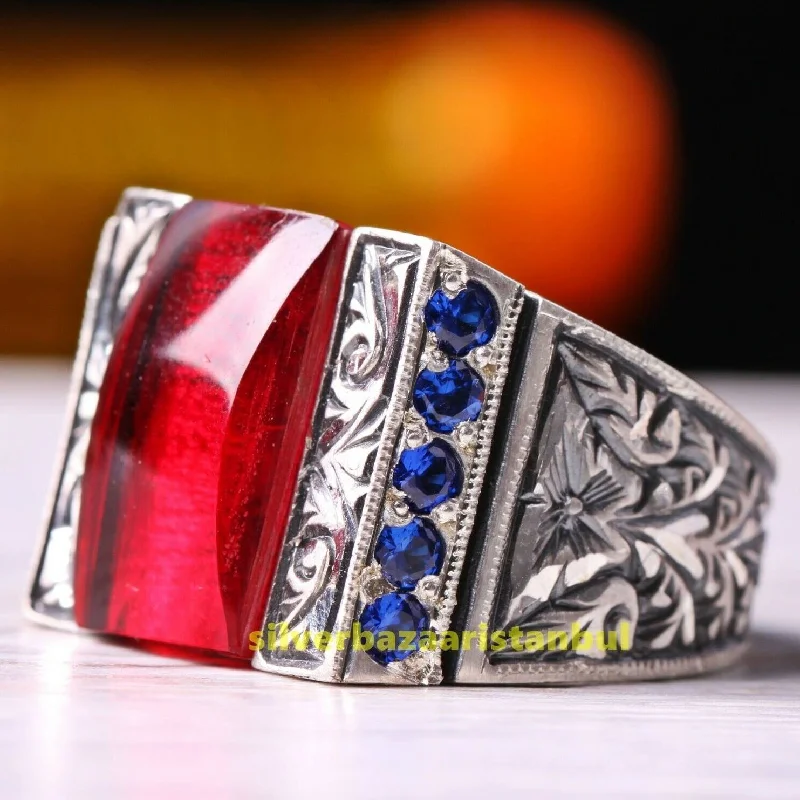 Turkish 925 Sterling Silver Ruby and Sapphire Best Mens Ring