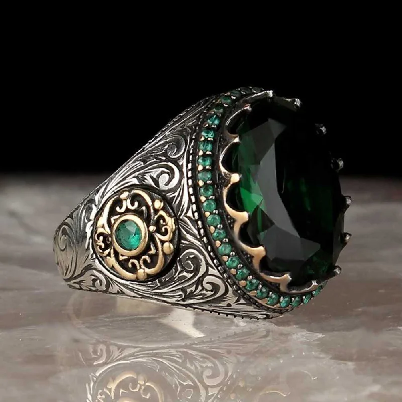 Turkish 925 Sterling Silver Small Emerald Stone Mens Ring