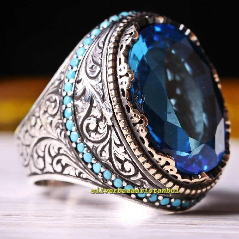 Turkish 925 Sterling Silver Turquoise and Aquamarine Stone Mens Ring