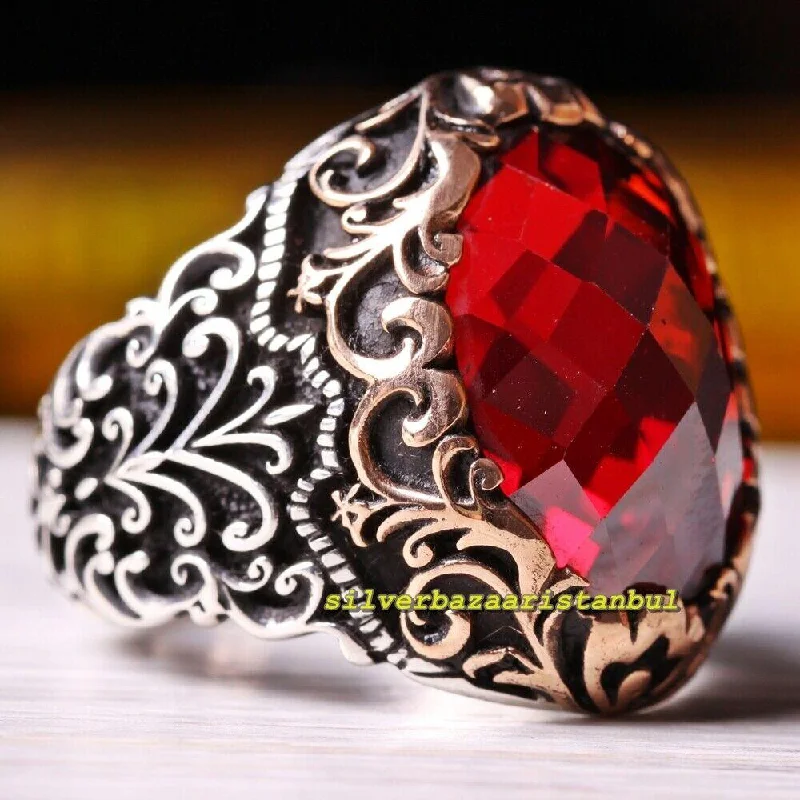 Turkish Faceted Ruby Stone 925 Sterling Silver Mens Ring