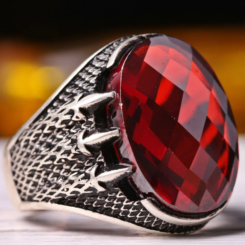 Turkish Handmade 925 Sterling Silver Eagle Claw Ruby Stone Mens Ring