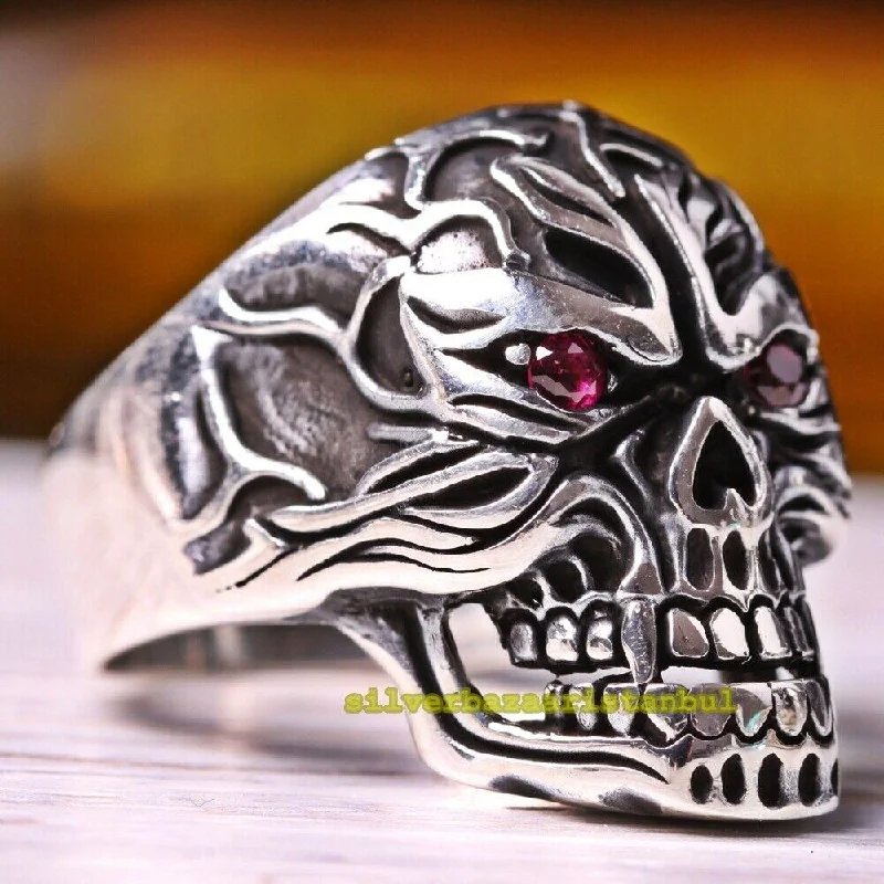 Turkish Handmade 925 Sterling Silver Ruby Skull Gothic Mens Ring