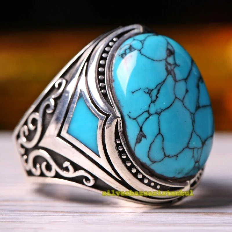 Turkish Handmade 925 Sterling Silver Veined Turquoise Stone Mens Ring