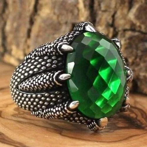 Turkish Jewelry 925 Sterling Silver Claw Emerald Mens Ring