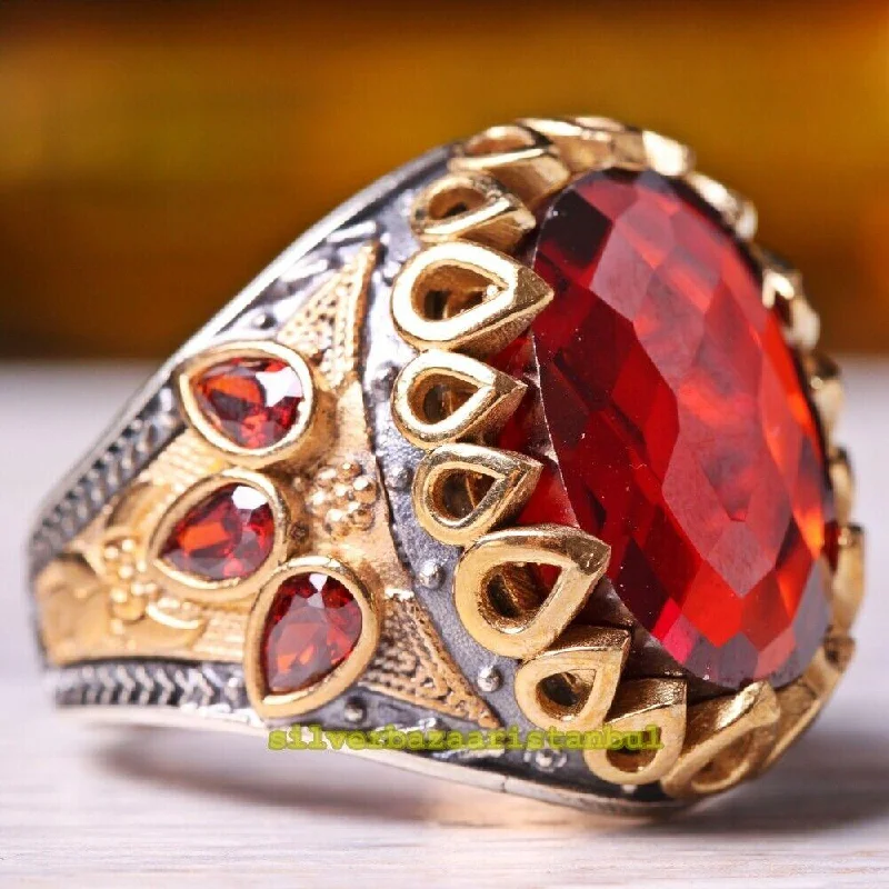 Turkish Jewelry 925 Sterling Silver Faceted Ruby Stone Mens Ring