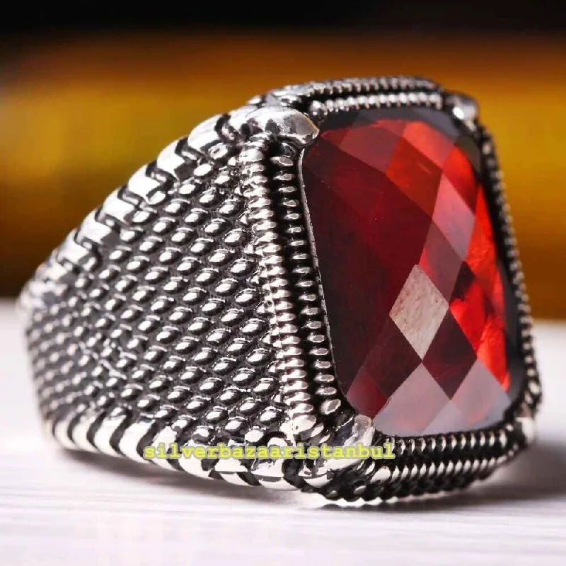 Turkish Jewelry Facet Ruby 925 Sterling Silver Mens Ring