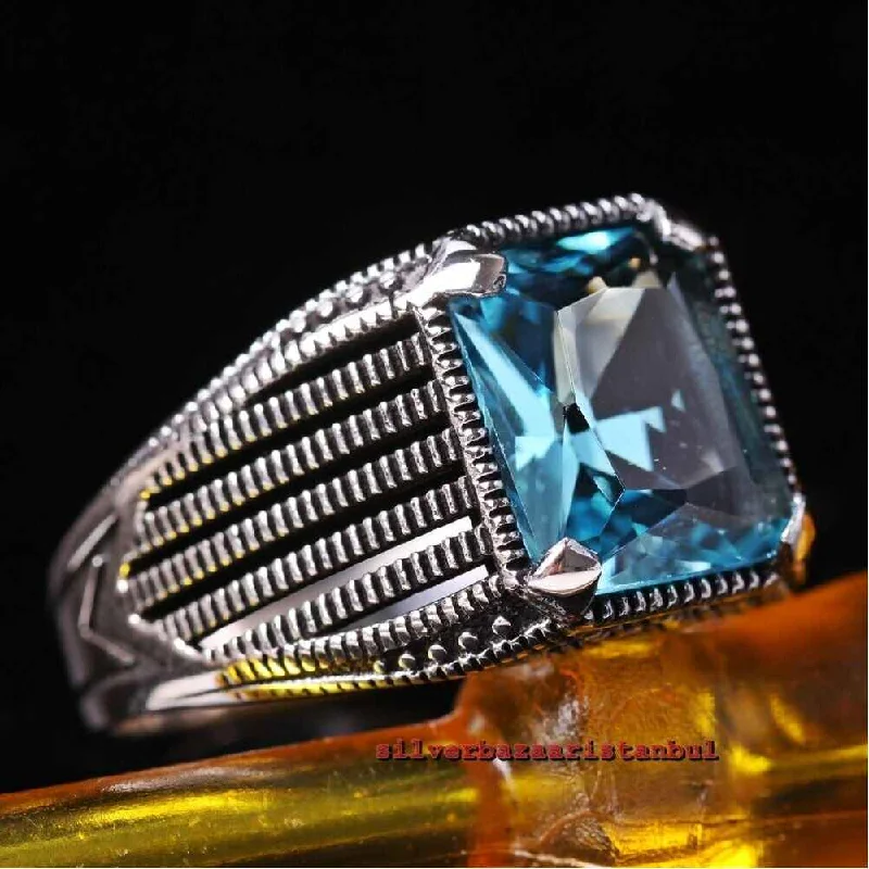 Turkish Jewelry Strong Blue Aquamarine Stone  925 Sterling Silver Mens Ring