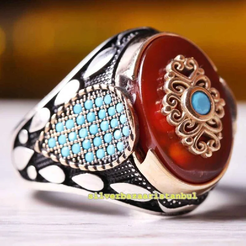 Turkish Luxury Jewelry 925 Sterling Silver Agate Stone Mens Ring