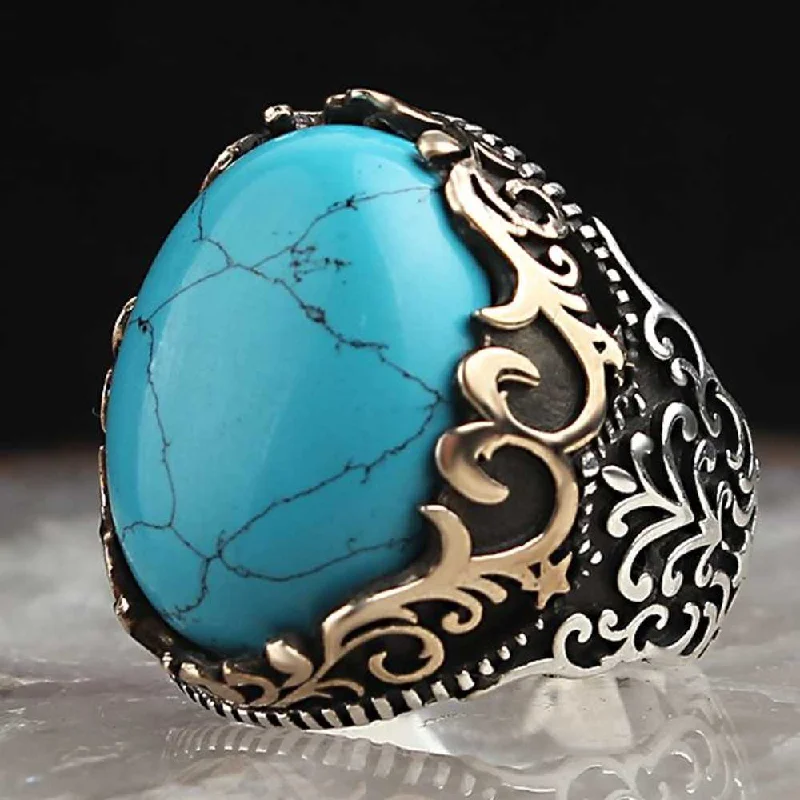 Veined Turquoise Stone 925 Sterling Silver Blue Mens Ring