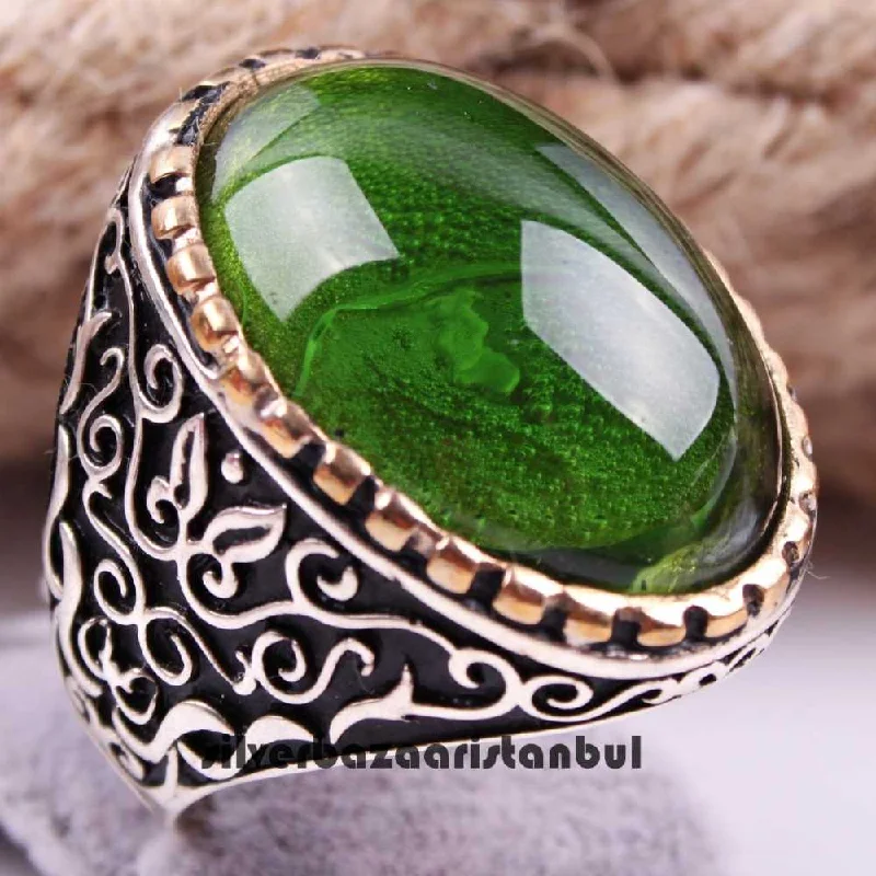 Water Green Emerald 925 Sterling Silver Handmade Ring for Men