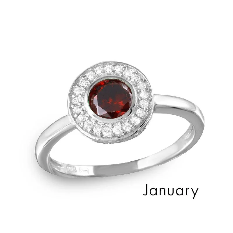 January Sterling Silver 925 Rhodium Plated CZ Center Birthstone Halo Ring - BGR01082JAN