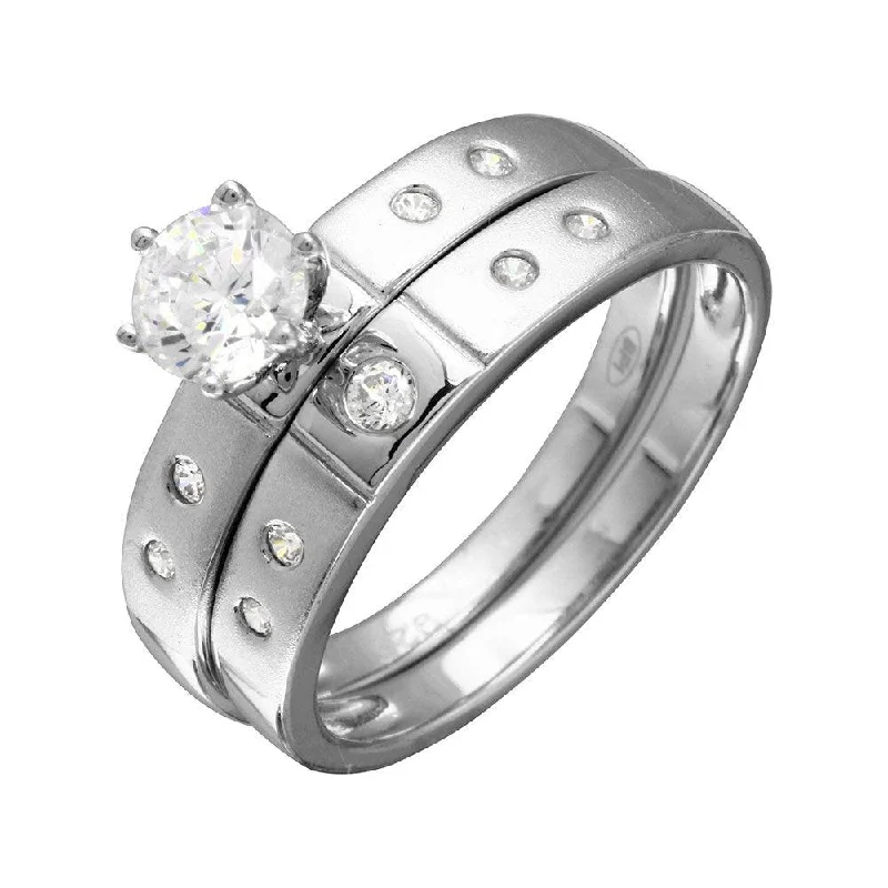 Half Matte Finish Rhodium Plated 925 Sterling Silver  CZ Trio Bridal Ring - GMR00142