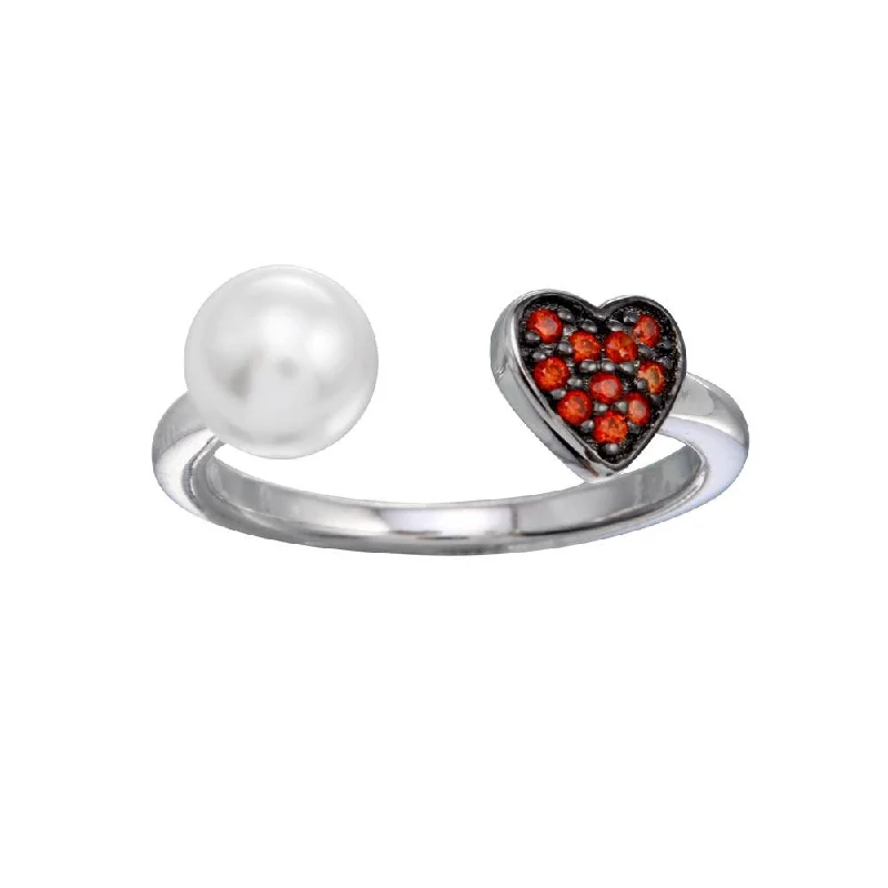 925 Sterling Silver Open End Synthetic Pearl CZ Heart Ring - BGR01310