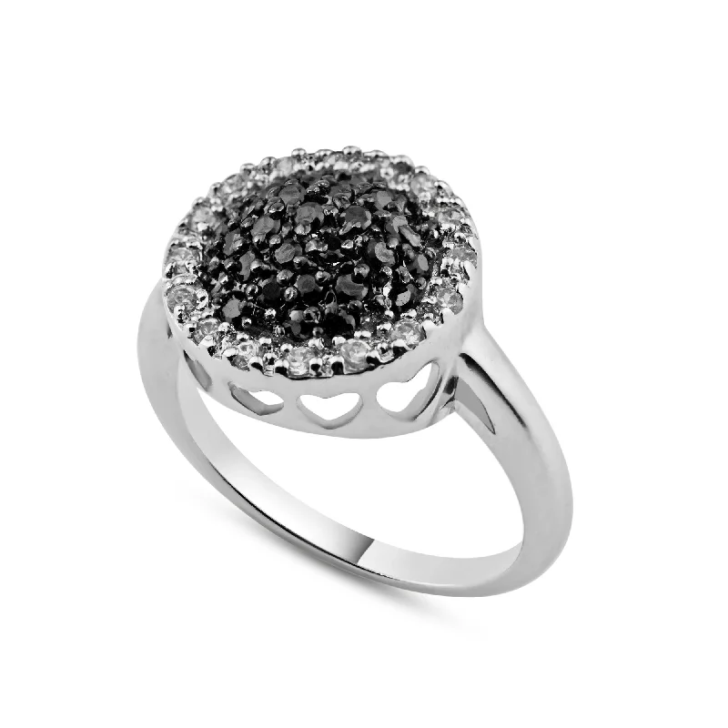 Silver 925 Rhodium and Black Rhodium Plated Clear and Black CZ Circle Ring - BGR00060