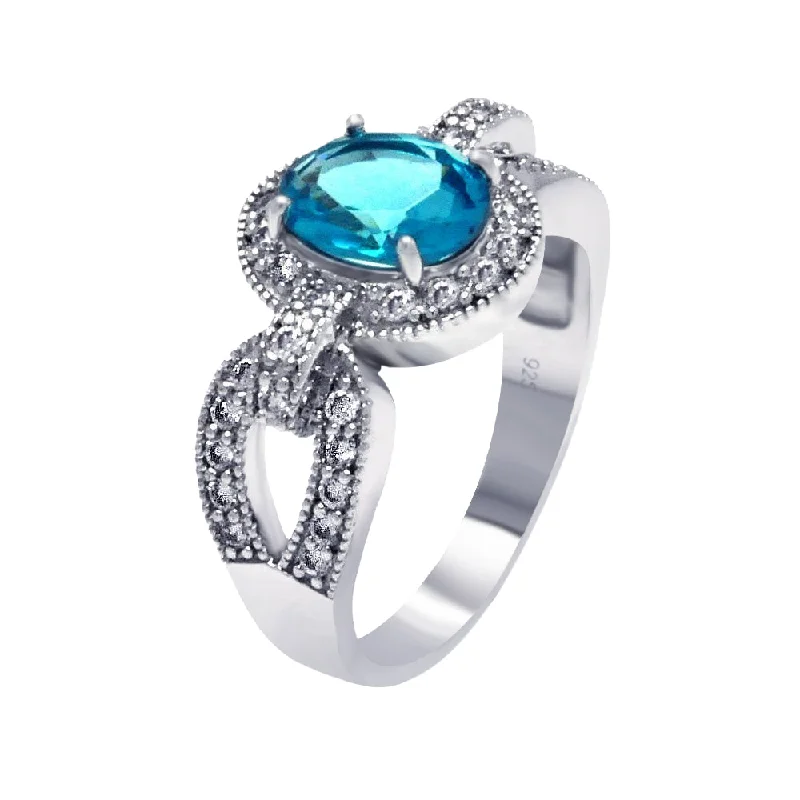 Silver 925 Rhodium Plated Aqua Center and Clear CZ Ring - BGR00370