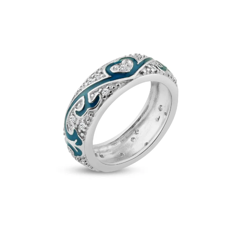 Silver 925 Rhodium Plated Blue Enamel Pave Set CZ Eternity Ring - STR00522