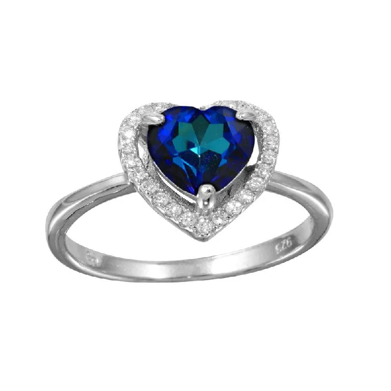 Rhodium Plated 925 Sterling Silver Blue Halo Heart Ring - BGR01139BLU