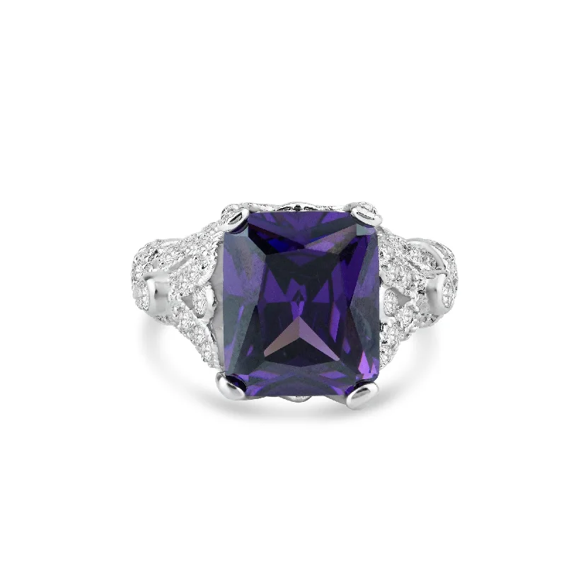 Silver 925 Rhodium Plated Purple Square CZ Antique Ring - STR00567