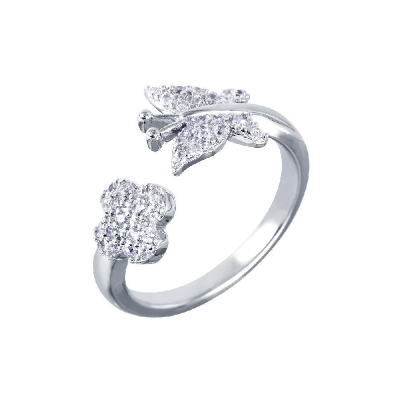 Silver 925 Rhodium Plated Butterfly and Flower Open Ring with CZ Accents - BGR00987