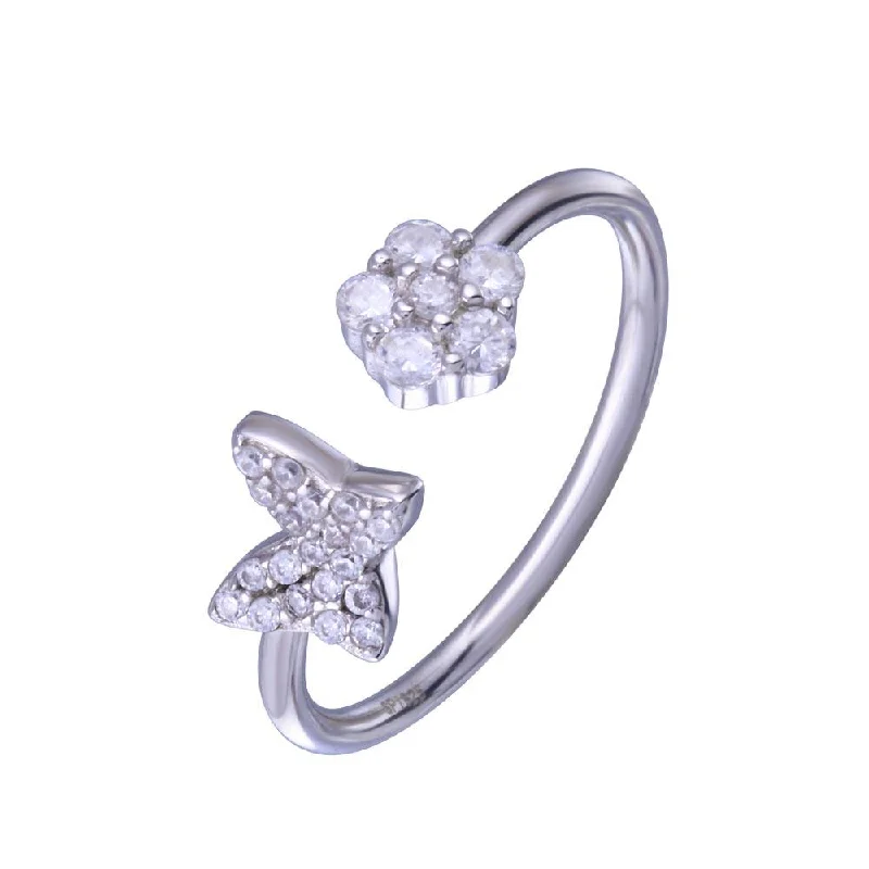 Rhodium Plated 925 Sterling Silver Butterfly Flower with Clear CZ Ring - STR01147