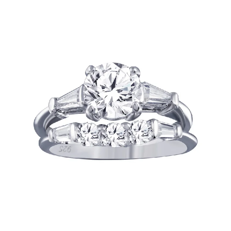 Rhodium Plated 925 Sterling Silver Clear Baguette Round CZ Bridal Ring Set - BGR00092