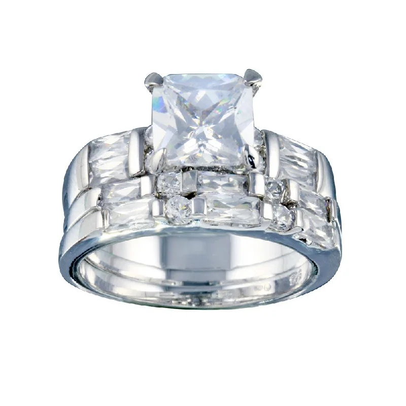 Rhodium Plated 925 Sterling Silver Clear Baguette Round Square Center CZ Bridal Ring Set - BGR00248