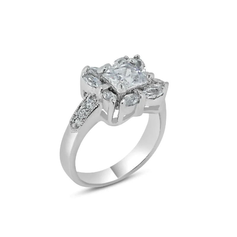 Rhodium Plated 925 Sterling Silver Clear Center CZ Square Bridal Ring - BGR00559