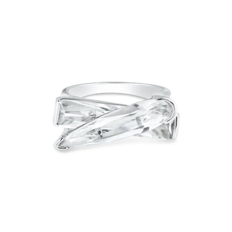 Closeout-Silver 925 Rhodium Plated Clear CZ Criss Cross Ring - BGR00299