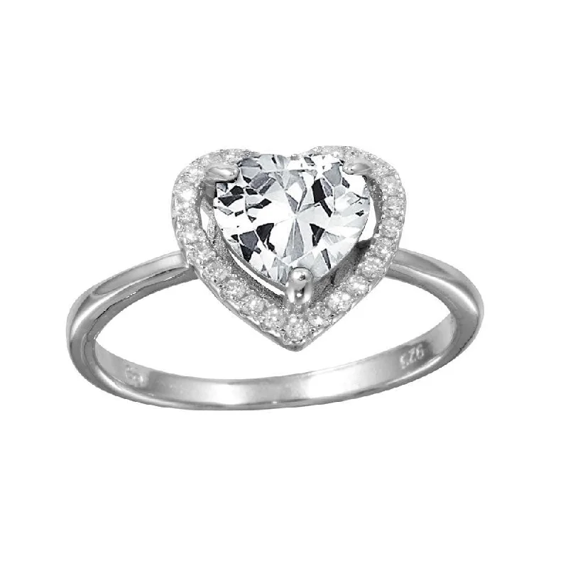 Rhodium Plated 925 Sterling Silver Clear Halo Heart Ring - BGR01139CLR