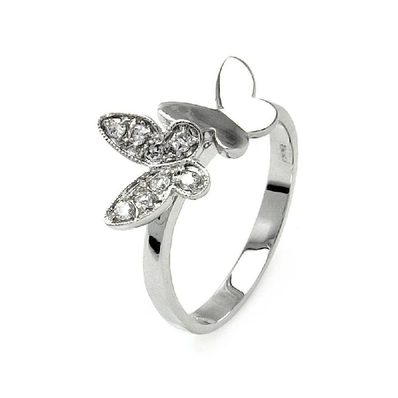 Silver 925 Rhodium Plated Clear Pave Set CZ Double Butterfly Ring - BGR00538