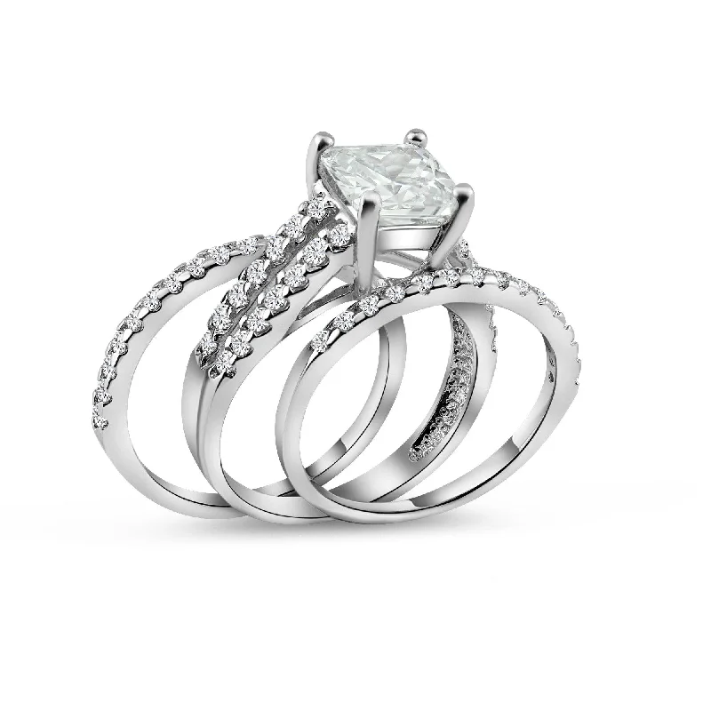 Rhodium Plated 925 Sterling Silver Clear Princess Cut Pave Set CZ Bridal Ring Set - BGR00081