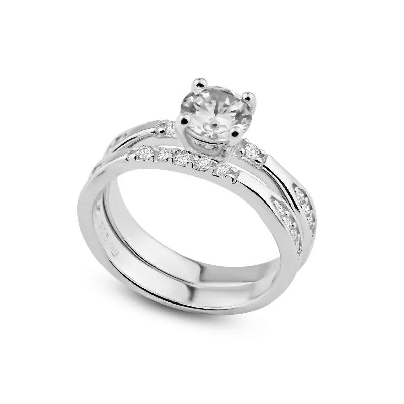 Silver 925 Rhodium Plated Clear Round Center CZ Engagement Ring Set - BGR00716